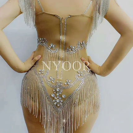 Silver Crystal Fringe Illusion Bodysuit Sparkly Rhinestone Stage Dance Leotard