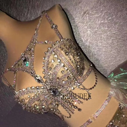 Sexy Nightclub DJ Pole Dance Bikini Costume Silver Rhinestones Rhinestones Chains Bra Shorts Skirt Rave Outfits Festival Clothes