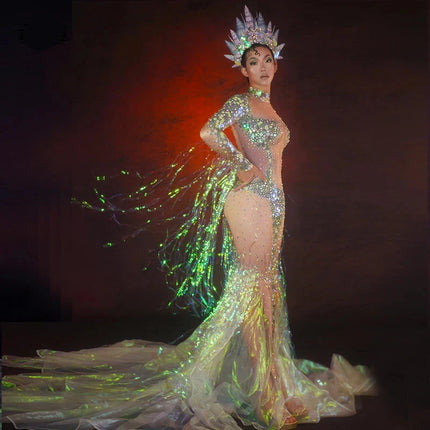 Emerald Green Rhinestone Sequin Mermaid Gown & Crown Stage Performance Costume Set
