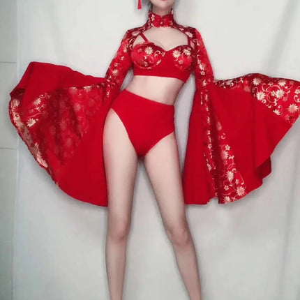 Crimson Red Sculpted Bralette, Dramatic Puff Sleeve Shrug & Briefs 3-Piece Stage Costume Set