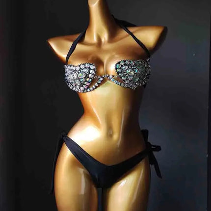 The Venus Vacation Deep-V Bikini – Luxe Rhinestone Embellished Showgirl Swim Set