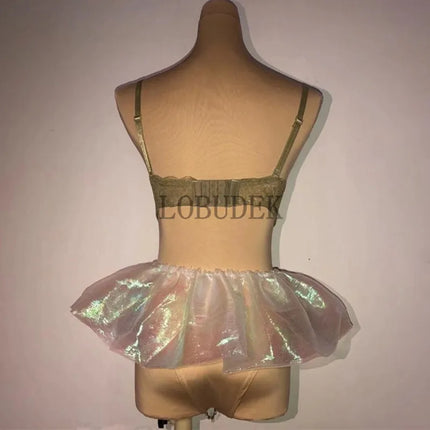 Sexy Nightclub DJ Pole Dance Bikini Costume Silver Rhinestones Rhinestones Chains Bra Shorts Skirt Rave Outfits Festival Clothes