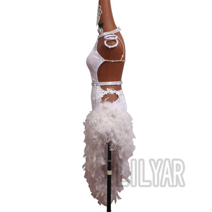 The Stardust Swan Queen – White Feathered Embroidered Latin Dance Competition Dress Set