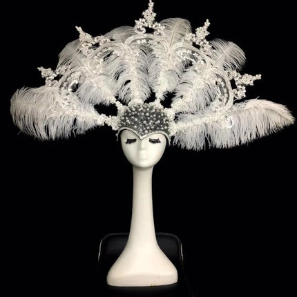 The Stardust Empress Royale – Deluxe Pearl, Lace & Feather Showgirl Headdress Crown