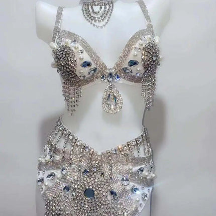 Sparkly Rhinestone Beading Tassel Bikini Sexy Nightclub Stage Wear Fringe Bra High Waist Short DJ Rave Outfit Nightclub Costume