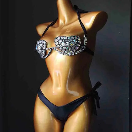 The Venus Vacation Deep-V Bikini – Luxe Rhinestone Embellished Showgirl Swim Set