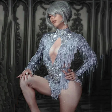 Sparkly Silver Crystal Rhinestone & Fringe Bodysuit Stage Performance Costume
