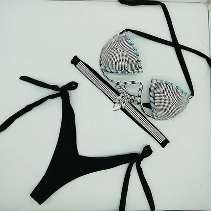 The Stardust Geometric Cross-Strap Bikini – Crystal Lattice Showgirl Set