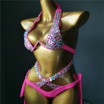 The Venus Vacation High-Waist Bikini – Classic Diamond Rhinestone Showgirl Set
