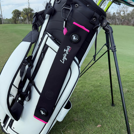 Black/Pink Magnetic Golf Cart Strap Sleeve | Neoprene Rubber | Dual Accessory Magnets | Glove Holder | Carabiner Bag Attachment | 18.5 x 3.5 in