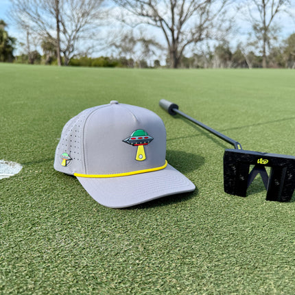 UFO Golf Hat | Snapback Cap | Built-in Magnetic Ball Marker Holder + Marker Included | Adjustable | Alien Gray