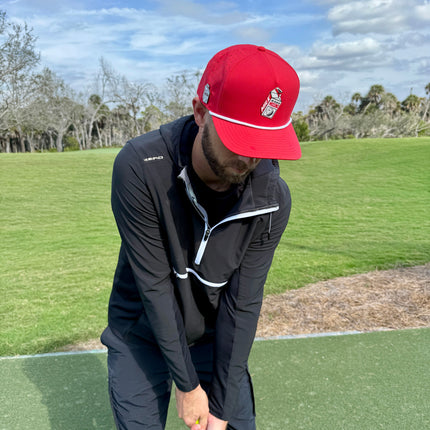 Missing Milk Golf Hat | Snapback Cap | Built-in Magnetic Ball Marker Holder + Marker Included | Missing Golf Ball | Adjustable Red
