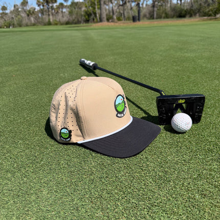 Hunting Birdies Golf Hat | Snapback Cap | Built-in Magnetic Ball Marker Holder + Marker Included | Adjustable Tan & Black