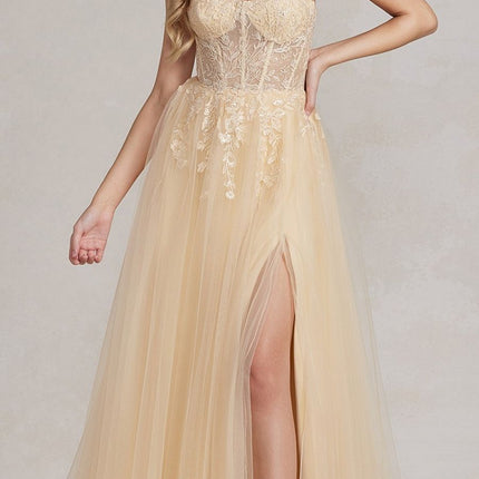 Nox Anabel J1089 Floor Length A-Line Tulle Gown with Slit