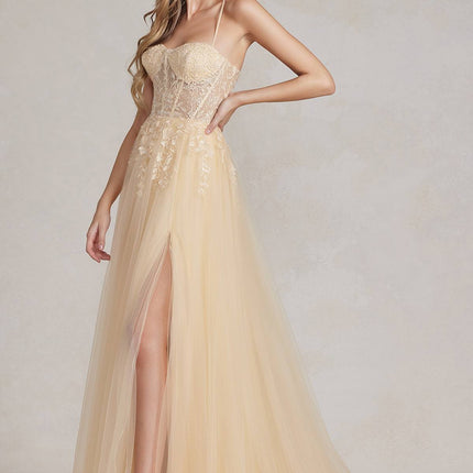 Nox Anabel J1089 Floor Length A-Line Tulle Gown with Slit