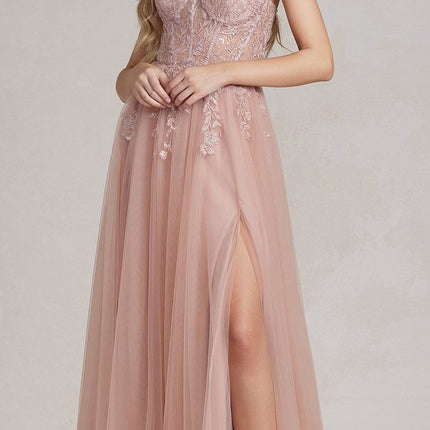 Nox Anabel J1089 Floor Length A-Line Tulle Gown with Slit