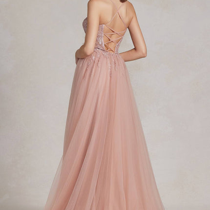 Nox Anabel J1089 Floor Length A-Line Tulle Gown with Slit