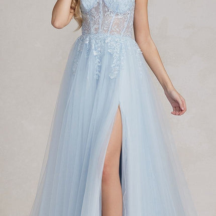 Nox Anabel J1089 Floor Length A-Line Tulle Gown with Slit
