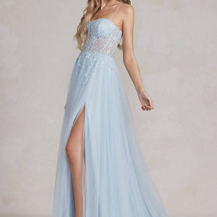 Nox Anabel J1089 Floor Length A-Line Tulle Gown with Slit