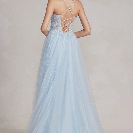 Nox Anabel J1089 Floor Length A-Line Tulle Gown with Slit