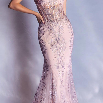 Ladivine J810 Long Fitted Floral Glitter Print Corset Gown