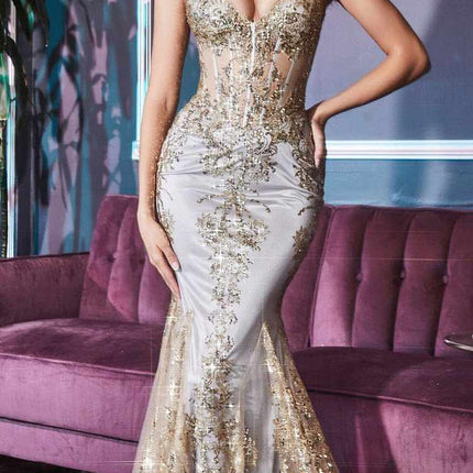 Ladivine J810 Long Fitted Floral Glitter Print Corset Gown
