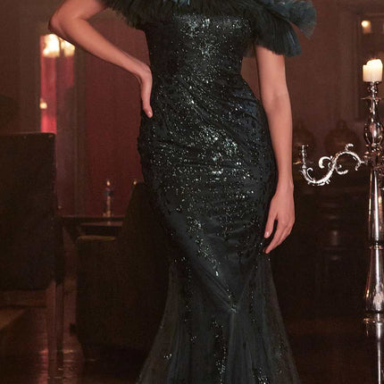 Cinderella Divine J818 Gathered Tulle Off the Shoulder Fitted Gown