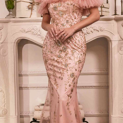 Cinderella Divine J818 Gathered Tulle Off the Shoulder Fitted Gown