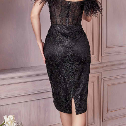 Cinderella Divine J829 Glitter Print Cocktail Dress with Feathers