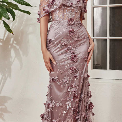Ladivine J832 Long Floral Print Fitted Off the Shoulder Gown with Slit