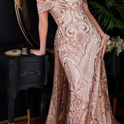Ladivine J836 Long Off the Shoulder Lace Gown with Over Skirt