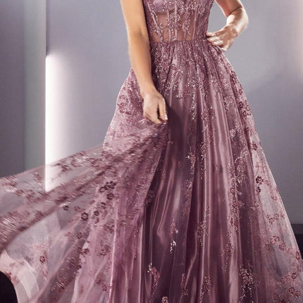 Ladivine J840 Floor Length Glitter Print A-Line Gown Corset Bodice