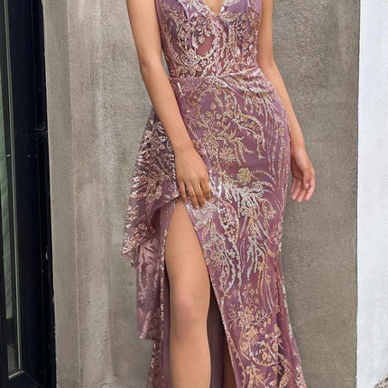 Ladivine J856 Floor Length Fit and Flare Glitter Print Gown Side Peplum