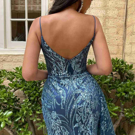 Ladivine J856 Floor Length Fit and Flare Glitter Print Gown Side Peplum