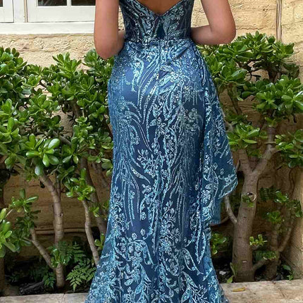 Ladivine J856 Floor Length Fit and Flare Glitter Print Gown Side Peplum