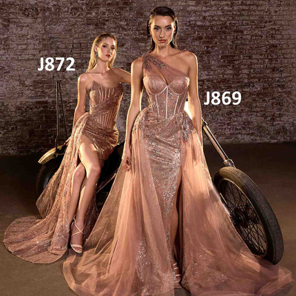 Ladivine J869 Long Fitted Tulle One Shoulder Strap Illusion Neck Gown