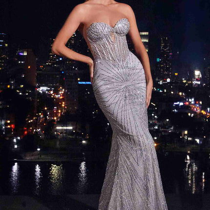 Ladivine J871 Long Sultry Fitted Strapless Embellished Prom Gown