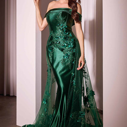 Ladivine J876 Dress Embellished Satin Fitted Gown With Tulle Overskirt