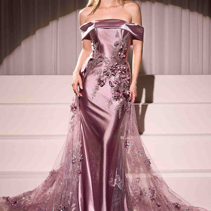 Ladivine J876 Dress Embellished Satin Fitted Gown With Tulle Overskirt