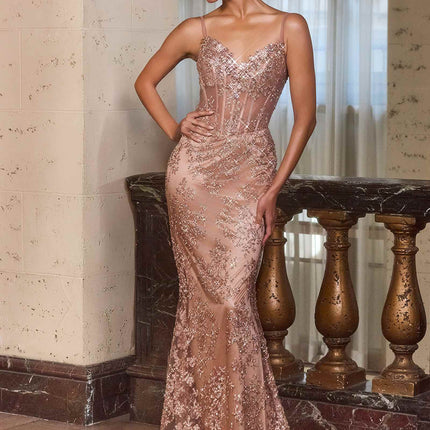 CLEARANCE - Ladivine J889 Hand Placed Applique Shimmering Sequin Fitted Gown (Size 10, 14)