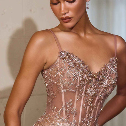 CLEARANCE - Ladivine J889 Hand Placed Applique Shimmering Sequin Fitted Gown (Size 10, 14)