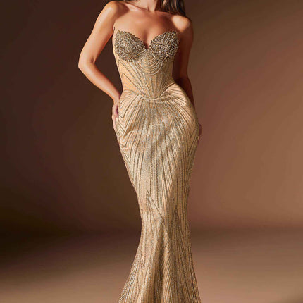 Ladivine J903 Lavish Crystal Encrusted Sheer Corset Bodice Fitted Gown
