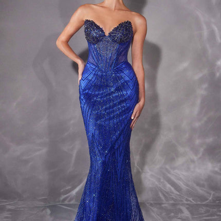 Ladivine J903 Lavish Crystal Encrusted Sheer Corset Bodice Fitted Gown