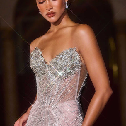CLEARANCE - Ladivine J903 Crystal Sheer Corset Bodice Fitted Gold Gown (Size 6)