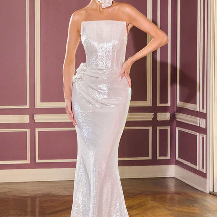 Ladivine J905 Sleek Strapless Sequin Side Illusion Modern Fitted Gown