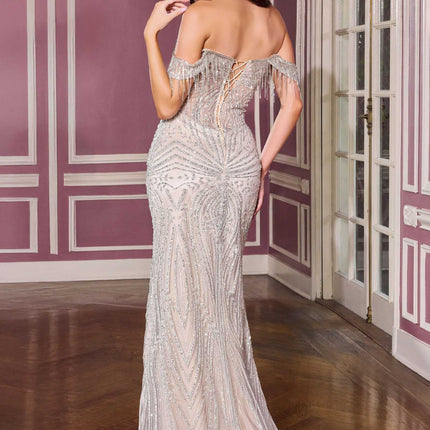 Ladivine J908 Off the Shoulder Cascading Crystal Fringe Formal Gown