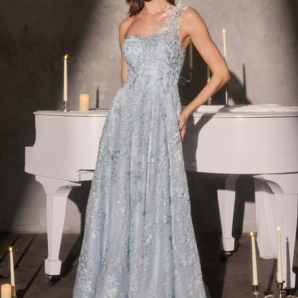 Ladivine J909 One Shoulder 3D Floral Applique Full Lace Beaded A-Line Gown