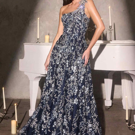 Ladivine J909 One Shoulder 3D Floral Applique Full Lace Beaded A-Line Gown