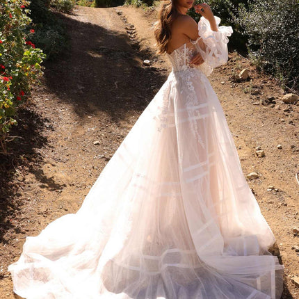 Nox Anabel JE1001L Long Puff Sleeve Strapless Corset A-Line Bridal Gown