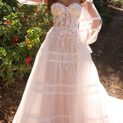 Nox Anabel JE1001L Long Puff Sleeve Strapless Corset A-Line Bridal Gown